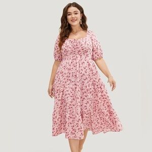 BloomChic Floral Ruffle Tiered Pocket Ruched Puff Sleeve Drawstring Midi Dress